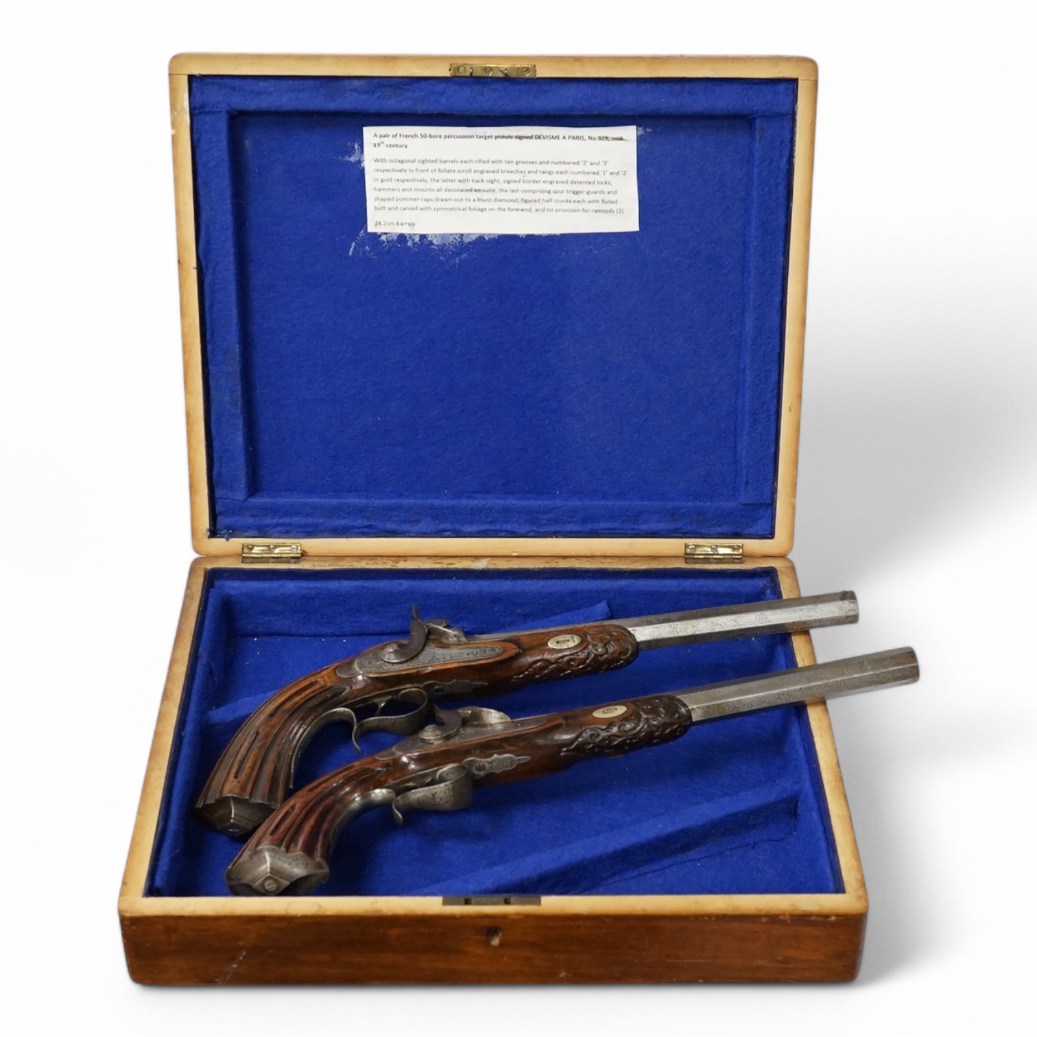 A pair of 40 bore percussion target pistols by Devisme of Paris, octagonal barrels cut with multi-groove rifling, engraved and signed locks, steel furniture ensuite, fluted walnut butts, half stocked, with gold inlaid nu